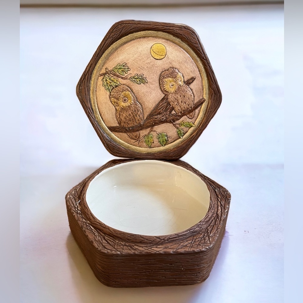 Vintage Ceramic Owl Hexagon Lidded Trinket Dish